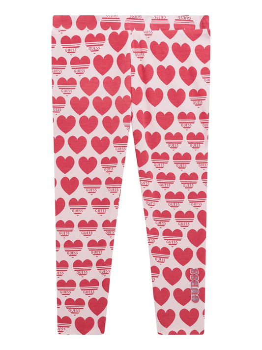 Legging réversible - Guess en coton rose clair et rouge imprimé cœurs, pour fille, vue de face, tissu stretch
