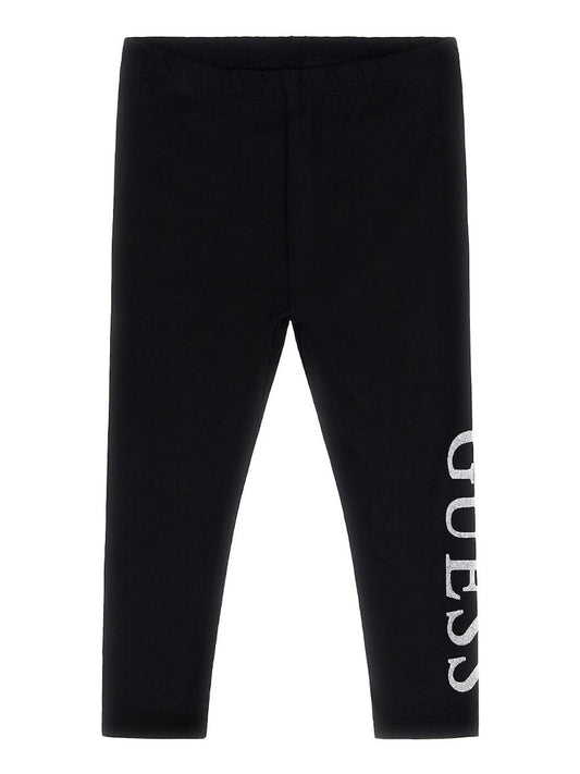 Legging - Guess noir en coton et élasthanne pour fille avec logo blanc vertical sur la jambe, vue de face.