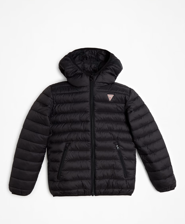 Manteau Mi-Saison - Guess noir matelassé en polyester avec capuche, pour garçon, vue de face, fermeture zippée.