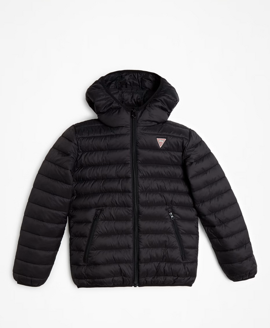 Manteau Mi-Saison - Guess noir matelassé en polyester avec capuche, pour garçon, vue de face, fermeture zippée.
