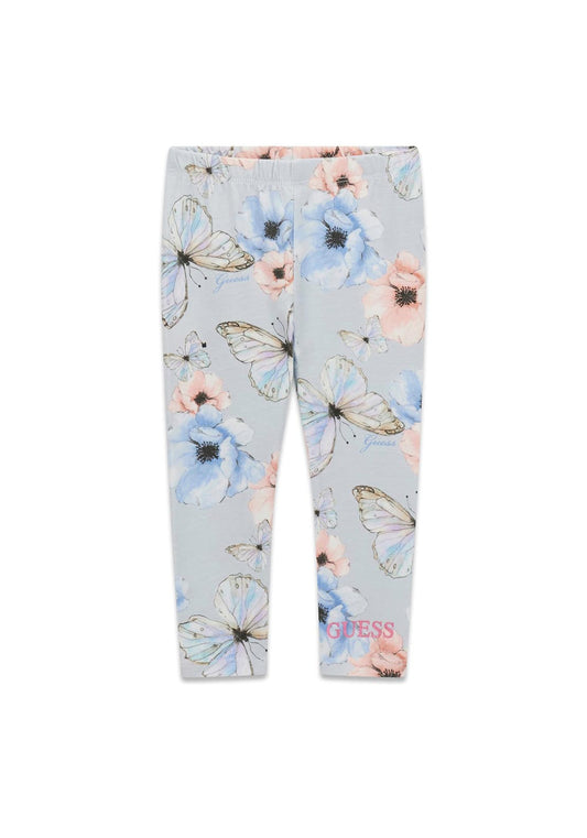 Legging - Guess en coton 100% gris clair avec motifs papillons bleus et fleurs roses, pour enfant, vue de face.