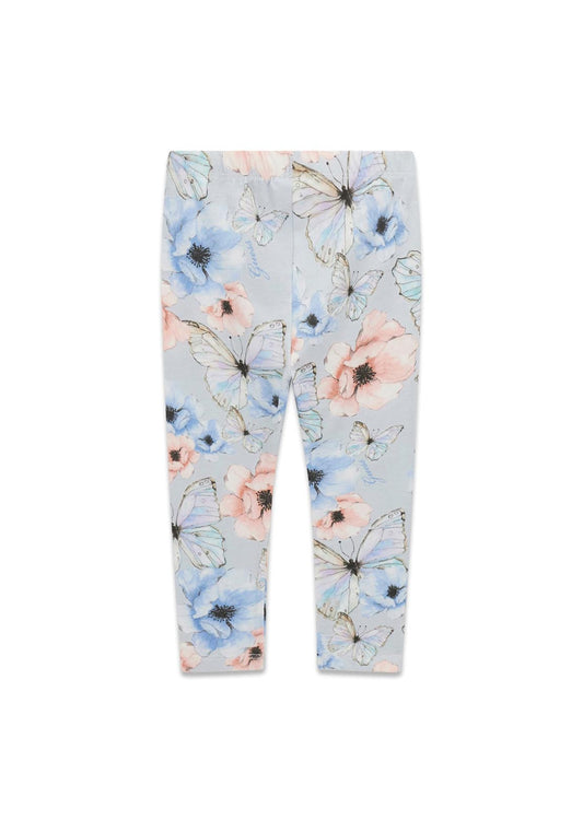 Legging - Guess en coton avec imprimé fleurs roses, bleues et papillons, pour fille, vue de face sur fond blanc.