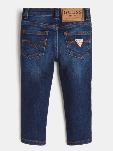 Jeans - Guess bleu foncé avec coutures orange, poches arrière avec logo triangulaire, taille ajustable, pour garçon, vue de dos