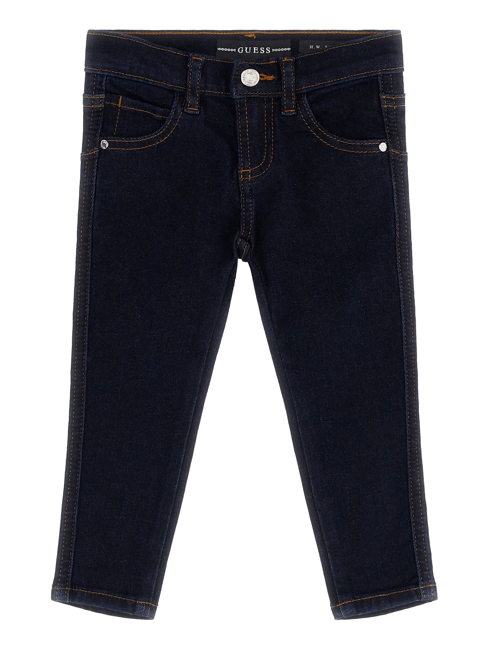 Pantalon - Guess en denim bleu foncé, coton et élasthanne, coupe slim pour fille, vue de face.