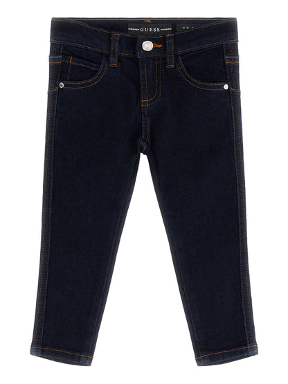 Pantalon - Guess en denim bleu foncé, coton et élasthanne, coupe slim pour fille, vue de face.