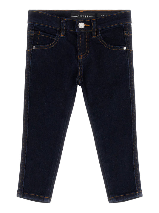 Pantalon - Guess en denim bleu foncé, coton et élasthanne, coupe slim pour fille, vue de face.