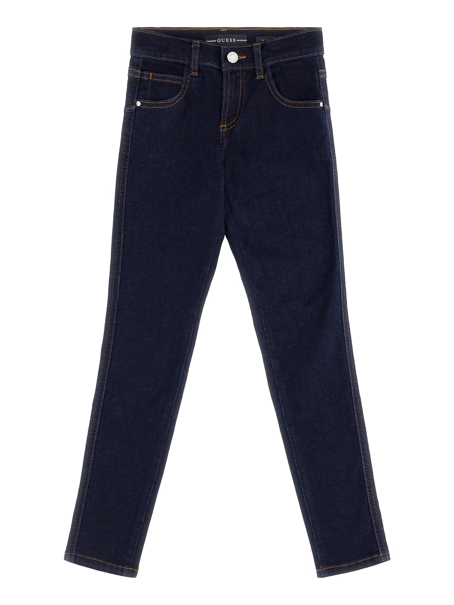 Pantalon - Guess en denim bleu foncé avec coutures contrastantes orange, coupe droite, pour fille, vue de face sur fond blanc