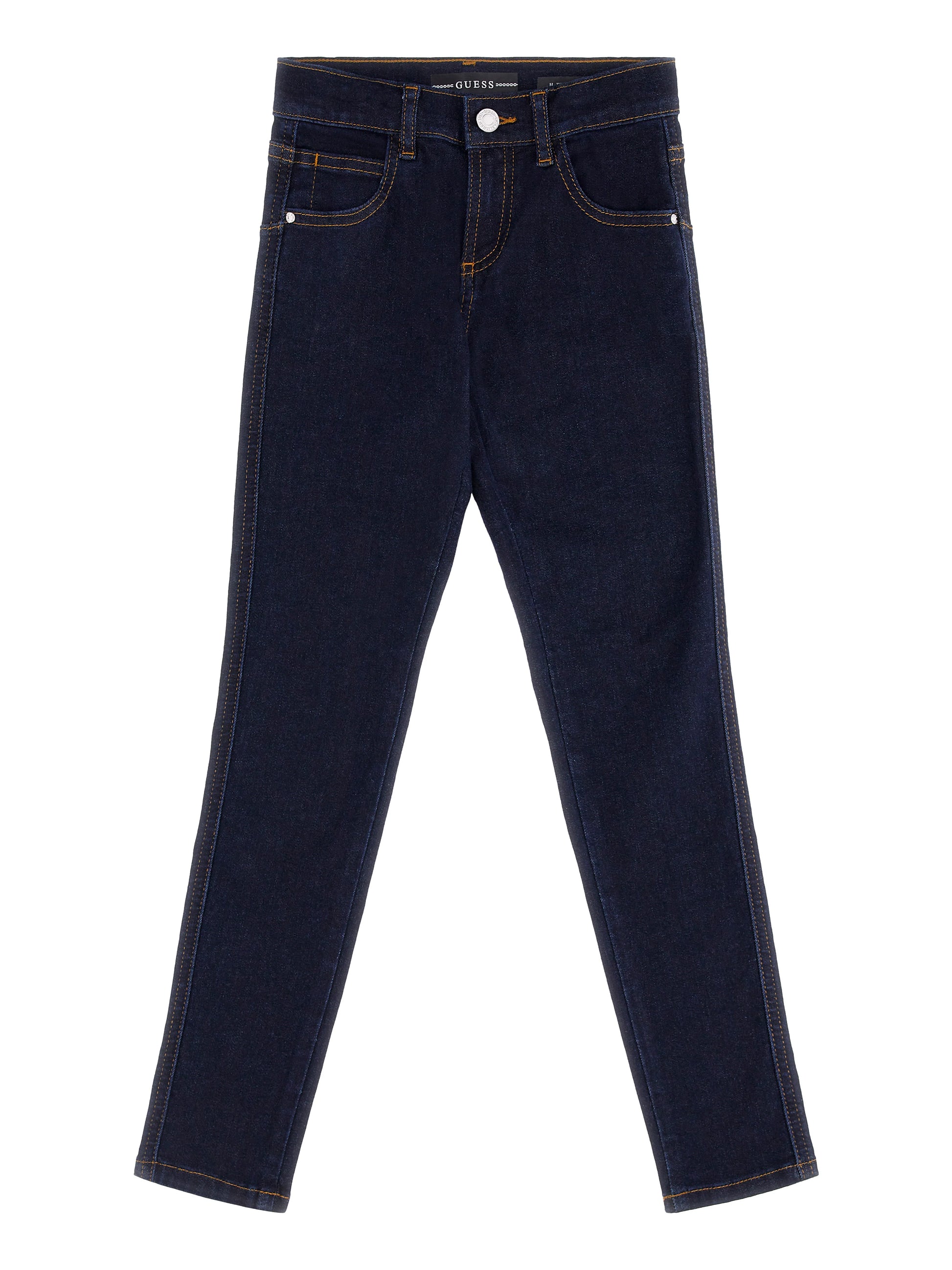 Pantalon - Guess en denim bleu foncé avec coutures contrastantes orange, coupe droite, pour fille, vue de face sur fond blanc