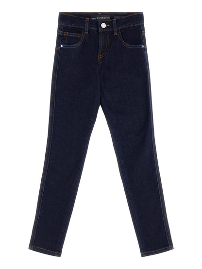 Pantalon - Guess en denim bleu foncé avec coutures contrastantes orange, coupe droite, pour fille, vue de face sur fond blanc