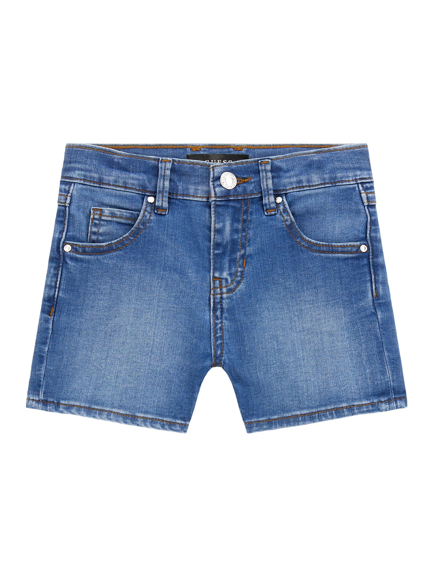 Short - Guess en jean bleu clair avec coutures apparentes, style décontracté, pour fille, vue de face.