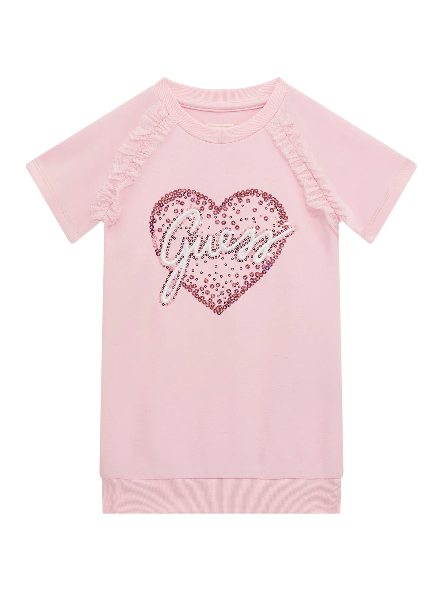Tunique - Guess rose pâle avec coeur à sequins rouges et logo blanc, manches courtes, pour fille, vue de face.