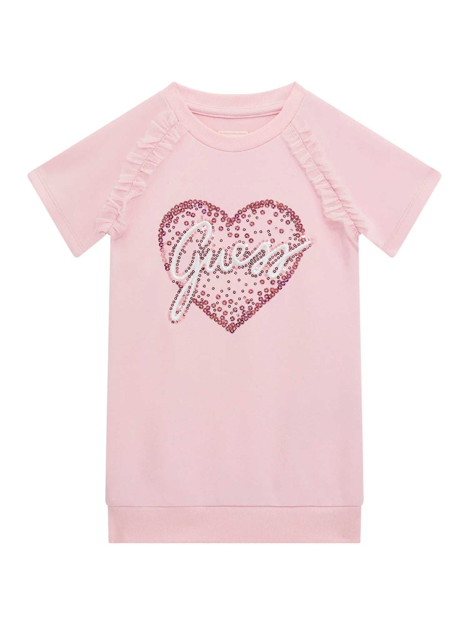 Tunique - Guess rose pâle avec coeur à sequins rouges et logo blanc, manches courtes, pour fille, vue de face.