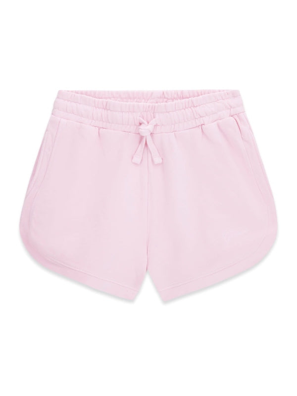 Short - Guess rose pâle en coton avec ceinture élastique et cordon, style décontracté, vue de face.