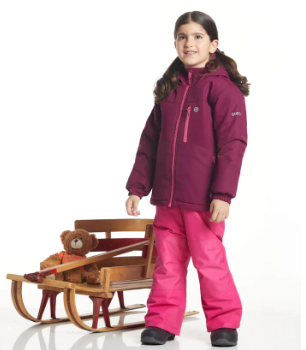Habit de neige Amery - Gusti violet et rose imperméable pour fille, manteau à capuche et pantalon, porté de face sur mannequin.