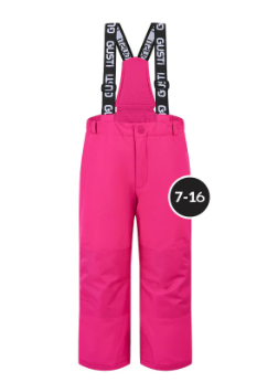Habit de neige Amery - Gusti rose fuchsia avec bretelles noires logo blanc, pantalon imperméable pour fille, vue de face.