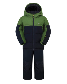 Habit de neige Benito  - Gusti vert et noir, veste matelassée avec capuche, pantalon imperméable, pour garçon, vue de face.
