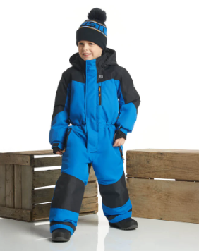 Habit de neige Blizzard - Gusti bleu et noir, combinaison imperméable pour garçon avec capuche, vue de face porté sur mannequin