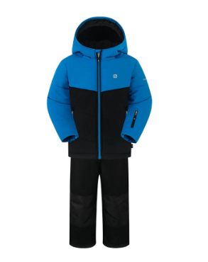 Habit de neige Paxton - Gusti bleu et noir imperméable en polyester, ensemble garçon, vue de face avec capuche.