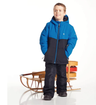 Habit de neige Paxton - Gusti bleu et noir imperméable pour garçon, veste avec capuche, vue de face portée sur enfant