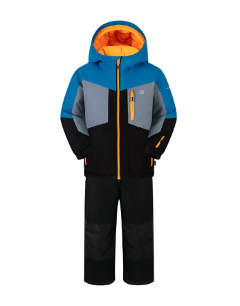 Habit de neige Wilson - Gusti garçon bleu, gris et noir avec intérieur orange, capuche et pantalon, vue de face complet.