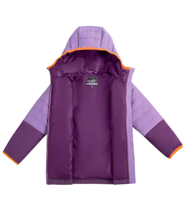 Manteau Mi-Saison - Gusti violet clair et foncé avec doublure matelassée orange, pour fille, vue de face intérieur ouvert.