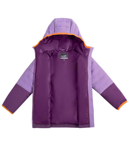 Manteau Mi-Saison - Gusti violet clair et foncé avec doublure matelassée orange, pour fille, vue de face intérieur ouvert.