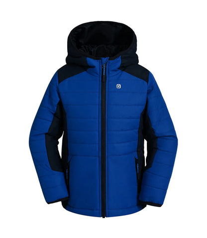 Manteau Mi-Saison - Gusti bleu et noir matelassé avec capuche, tissu déperlant, pour garçon, vue de face.