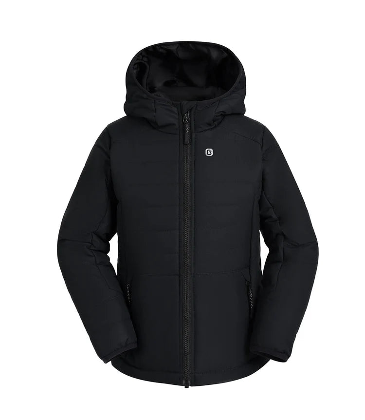 Manteau Mi-Saison - Gusti noir matelassé avec capuche, tissu déperlant, pour garçon, vue de face.