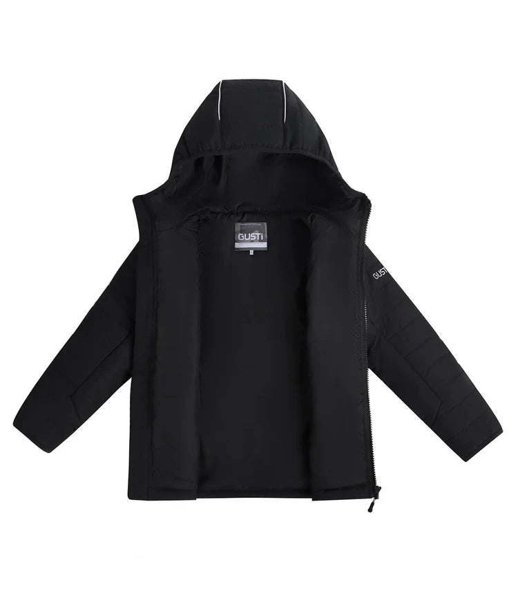 Manteau Mi-Saison - Gusti noir matelassé, capuche, doublure polaire, garçon, vue ouverte face intérieure