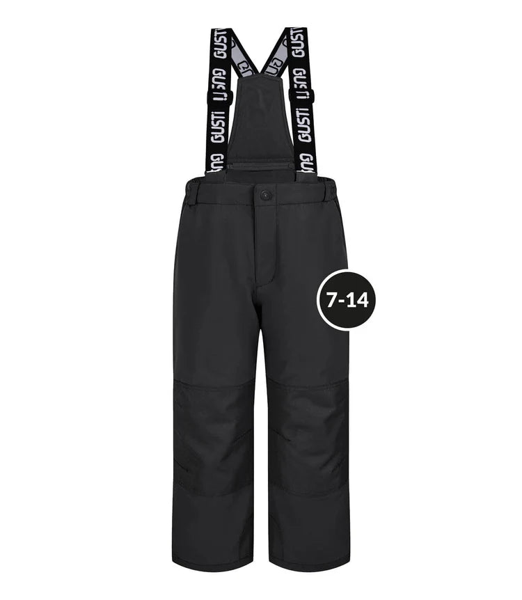 Black Gusti snow salopette for kids, featuring adjustable straps and waterproof fabric, suitable for winter activities.