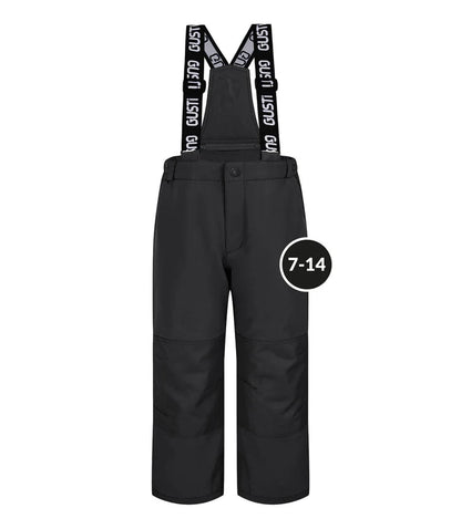 Black Gusti snow salopette for kids, featuring adjustable straps and waterproof fabric, suitable for winter activities.