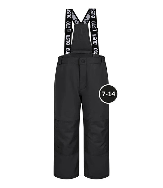 Black Gusti snow salopette for kids, featuring adjustable straps and waterproof fabric, suitable for winter activities.