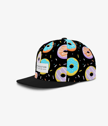 Casquette - Headster noire avec motifs donuts multicolores, bordure noire, coton et polyester, pour enfant, vue de profil droit