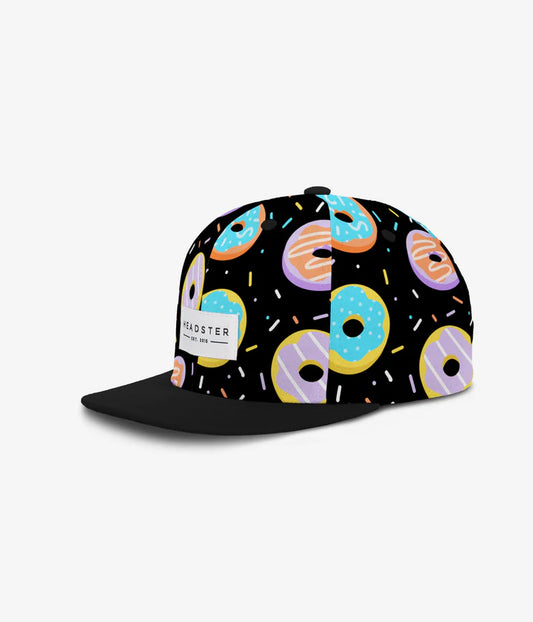 Casquette - Headster noire avec motifs donuts multicolores, bordure noire, coton et polyester, pour enfant, vue de profil droit