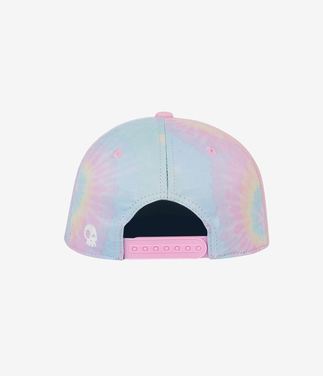 Casquette - Headster tie-dye pastel rose, bleu et jaune clair, réglable, vue de dos, pour enfant 52 cm.