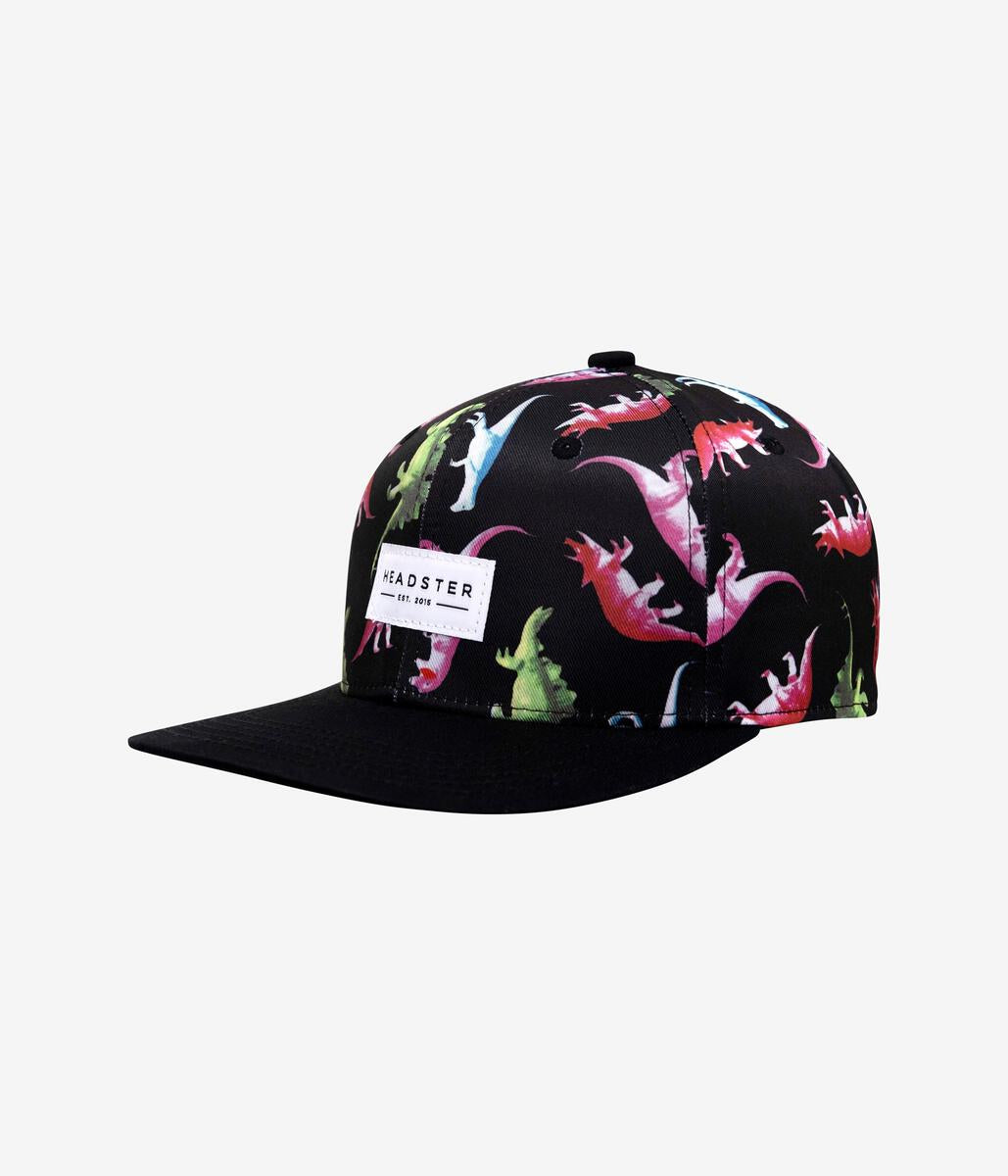 Casquette - Headster noire avec motifs dinosaures rouges, verts et bleus, pour enfant, vue de profil droit