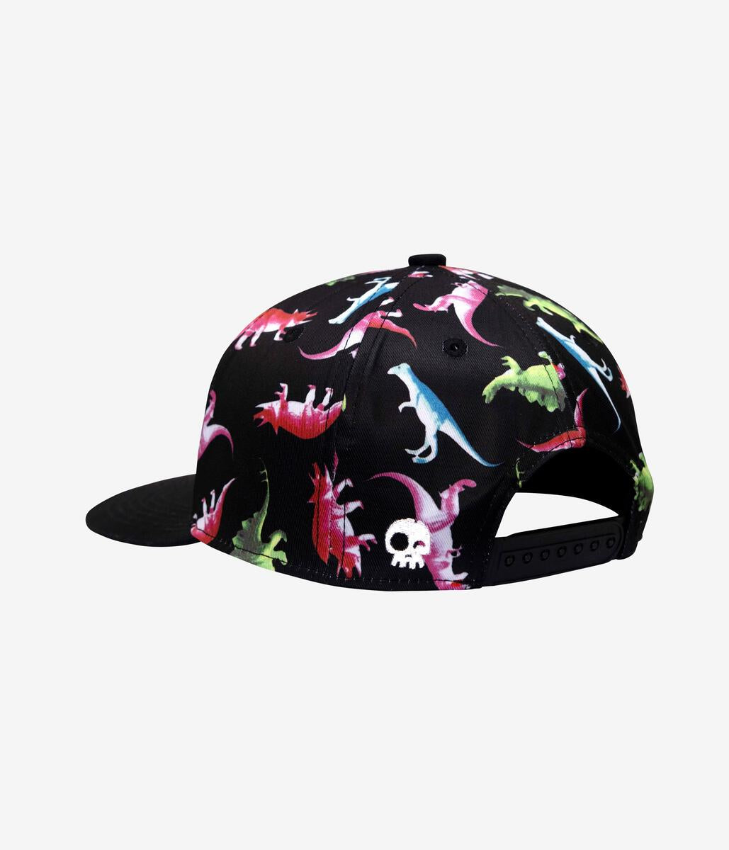 Casquette - Headster noire avec imprimés dinosaures multicolores, style snapback, pour enfant, vue de dos.