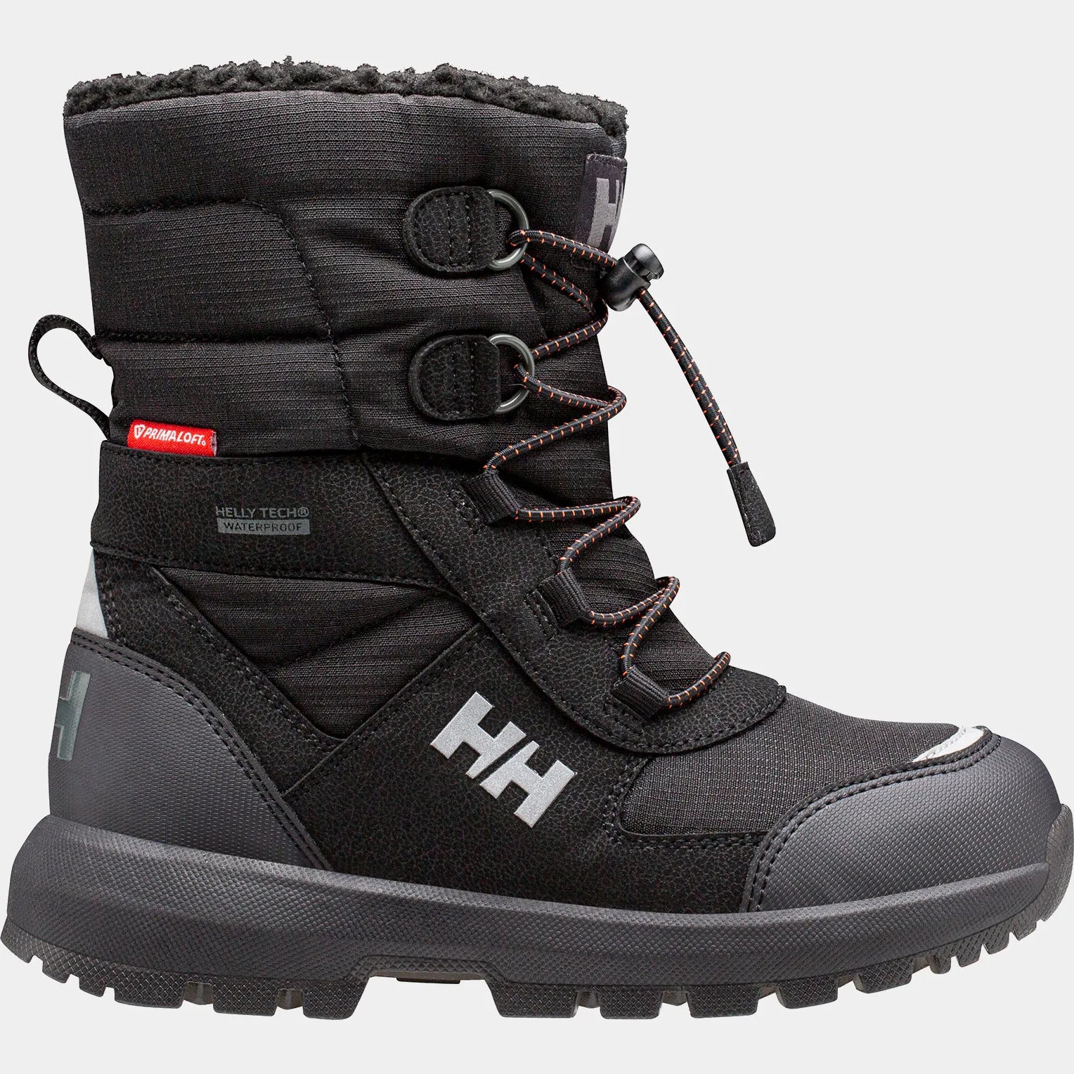 Bottes d'hiver - Helly Hansen noires avec détails gris, tige isolante textile, lacets ajustables, vue de profil droit