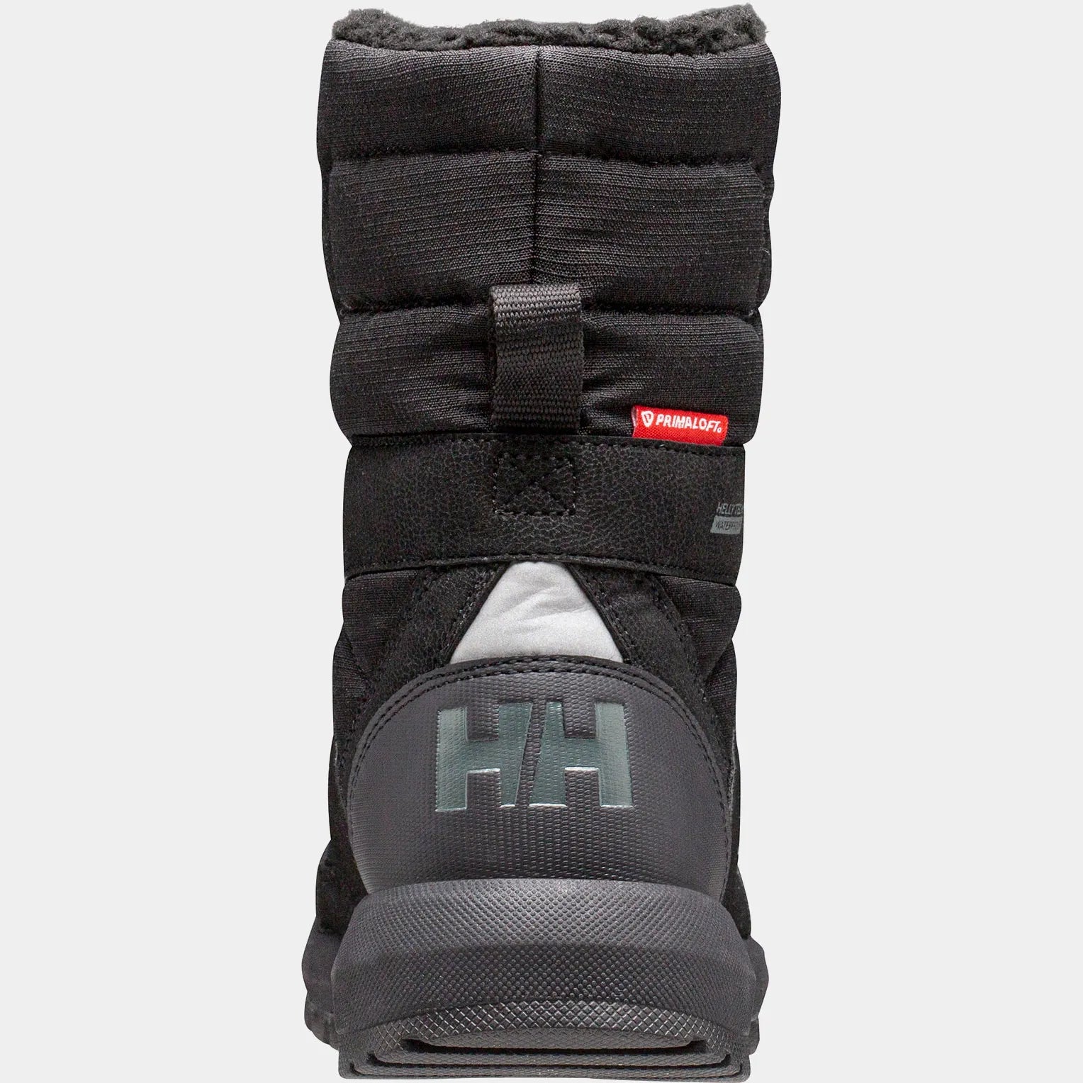 Bottes d'hiver - Helly Hansen noires et gris foncé avec logo HH au talon, doublure chaude, vue de dos adulte.