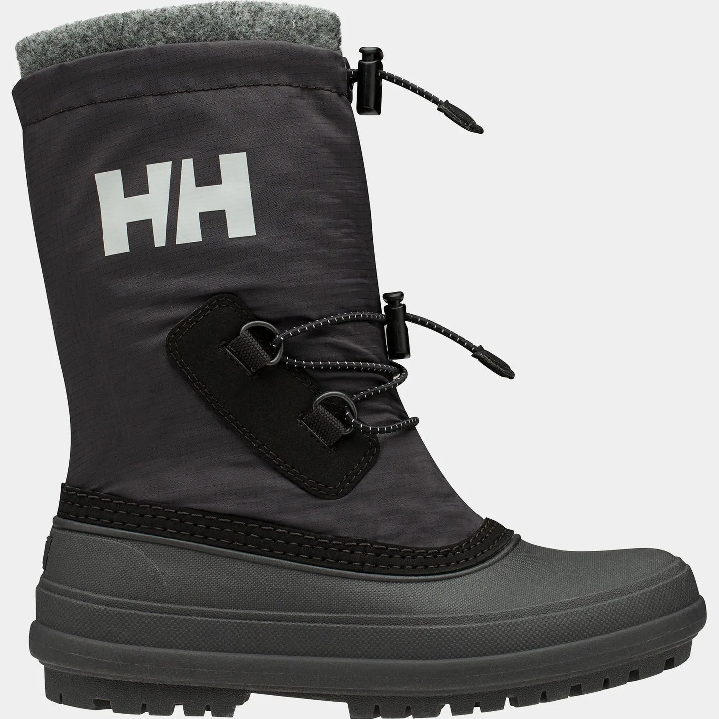 Bottes d'hiver - Helly Hansen noires et grises avec semelle épaisse, détails ajustables, isolant laine, vue de profil droit enfant.