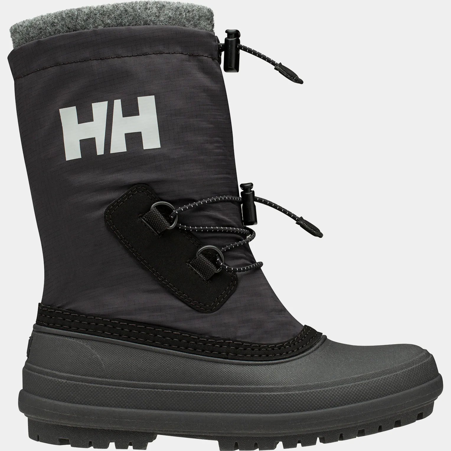 Bottes d'hiver - Helly Hansen noires et grises avec semelle épaisse, détails ajustables, isolant laine, vue de profil droit enfant.
