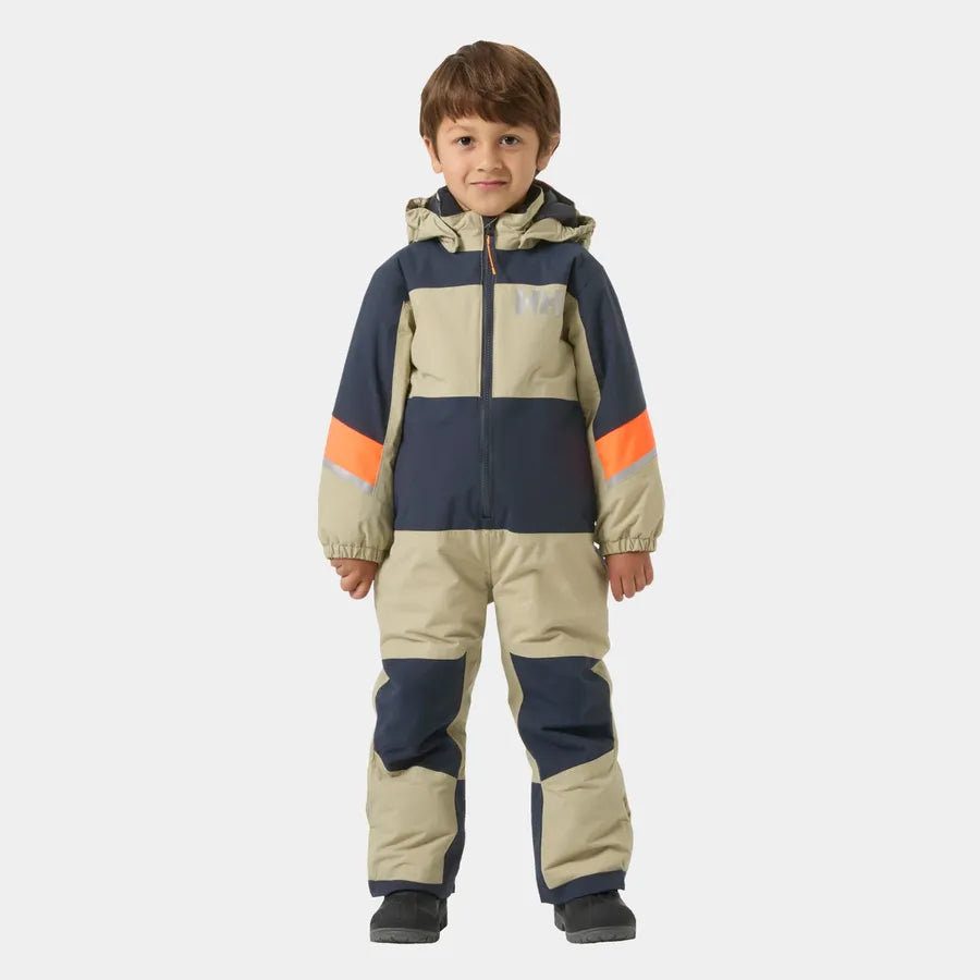 Habit de neige Rider 1 pièce 3.0 - Helly Hansen garçon beige et bleu marine avec bandes orange, vue de face porté sur mannequin enfant