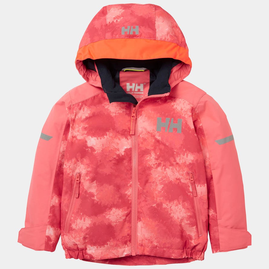 Manteau d'hiver - Helly Hansen rose et orange pour fille, coupe enfant, vue de face avec capuche et zips visibles.