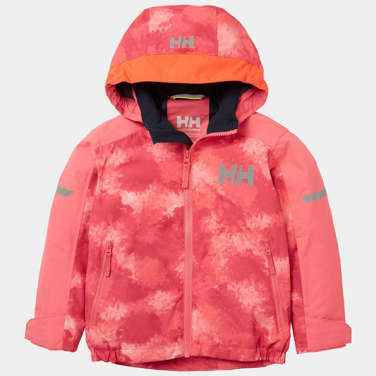 Manteau d'hiver - Helly Hansen rose et orange pour fille, coupe enfant, vue de face avec capuche et zips visibles.