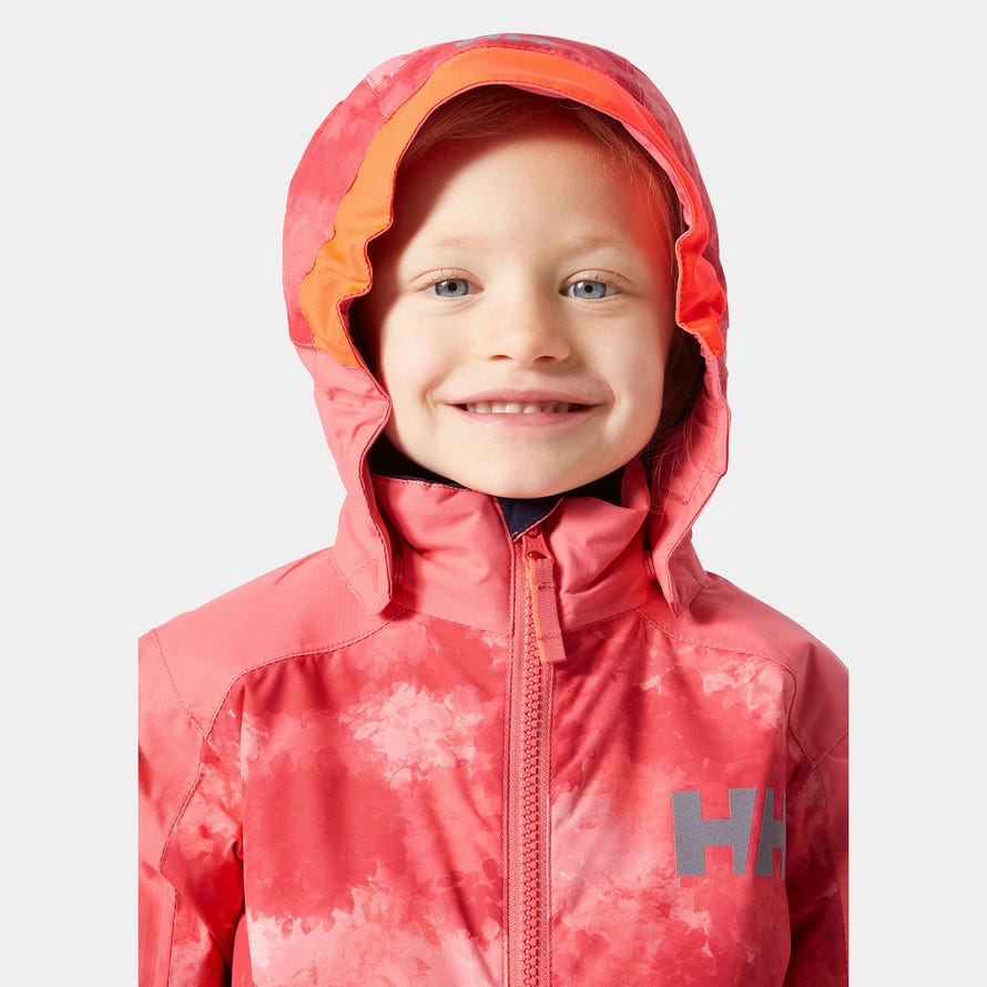 Manteau d'hiver - Helly Hansen corail avec motif nuage, capuche, pour fille, porté de face, tissu imperméable visible