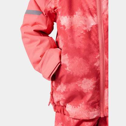 Manteau d'hiver - Helly Hansen rouge et rose avec motifs dégradés, pour fille, vue de détail sur manche et poche côté.