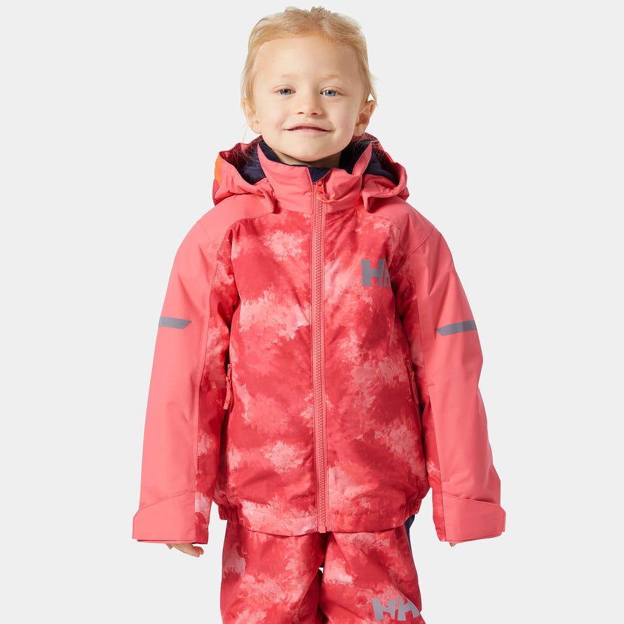 Manteau d'hiver - Helly Hansen rose corail à motif camouflage, tissu technique, pour fille, vue de face avec capuche.
