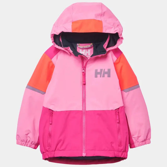 Manteau d'hiver - Helly Hansen rose clair, fuchsia et orange pour enfant, capuche, vue de face, fermeture zippée