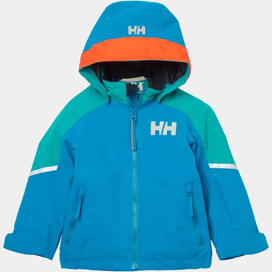Manteau d'hiver Legend - Helly Hansen bleu et turquoise avec capuche orange, coupe garçon, vue de face.