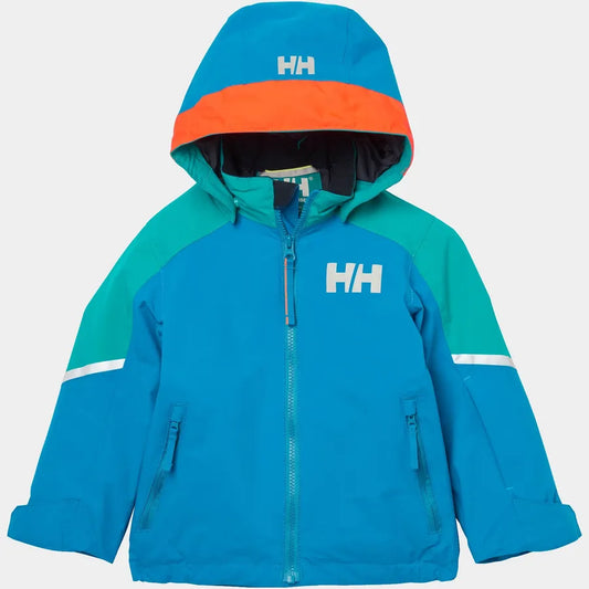 Manteau d'hiver Legend - Helly Hansen bleu et turquoise avec capuche orange, coupe garçon, vue de face.